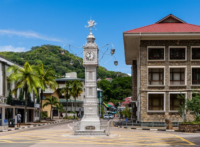 Victoria Clock Tower and street intersection on Mahé, Seychelles